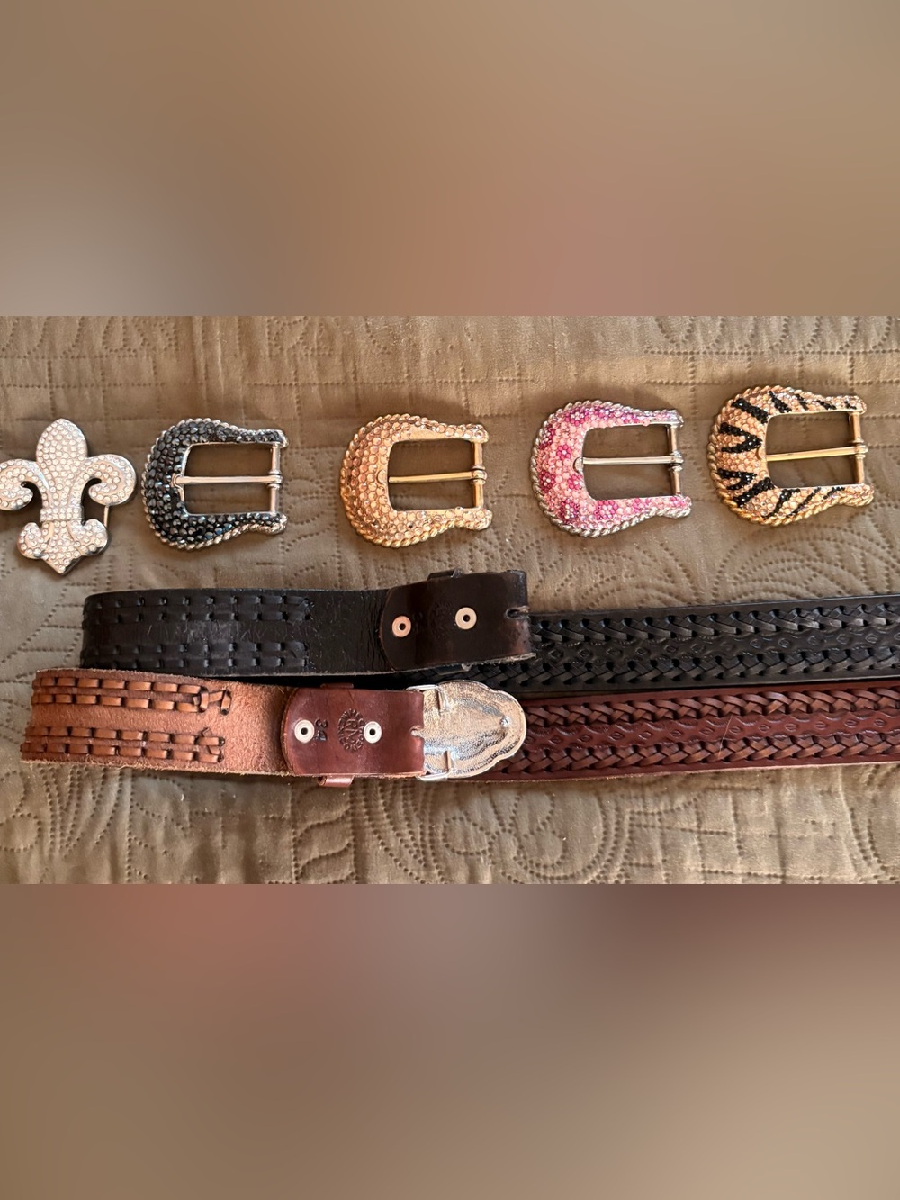 6 Austrian Crystal Belt Buckles and Black and Brown Leather Belts